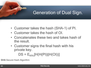 Generation of Dual Sign.


        • Customer takes the hash (SHA-1) of PI.
        • Customer takes the hash of OI.
        • Concatenates these two and takes hash of
          the result.
        • Customer signs the final hash with his
          private key.
             DS = EKRc[H(H(PI)||H(OI))]
SHA Secure Hash Algorithm

60                             Web Security      www.elabnody.net
 