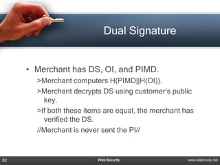 Dual Signature


     • Merchant has DS, OI, and PIMD.
       >Merchant computers H(PIMD||H(OI)).
       >Merchant decrypts DS using customer’s public
         key.
       >If both these items are equal, the merchant has
         verified the DS.
       //Merchant is never sent the PI//



62                       Web Security                www.elabnody.net
 