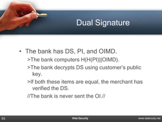 Dual Signature


     • The bank has DS, PI, and OIMD.
       >The bank computers H(H(PI)||OIMD).
       >The bank decrypts DS using customer’s public
          key.
       >If both these items are equal, the merchant has
          verified the DS.
       //The bank is never sent the OI.//



63                       Web Security                www.elabnody.net
 
