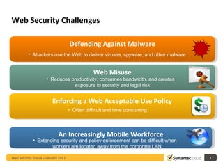 Web Security Challenges Web Misuse Reduces productivity, consumes bandwidth, and creates exposure to security and legal risk Web Security .cloud – January 2011 Defending Against Malware Attackers use the Web to deliver viruses, spyware, and other malware Enforcing a Web Acceptable Use Policy Often difficult and time consuming An Increasingly Mobile Workforce Extending security and policy enforcement can be difficult when workers are located away from the corporate LAN 