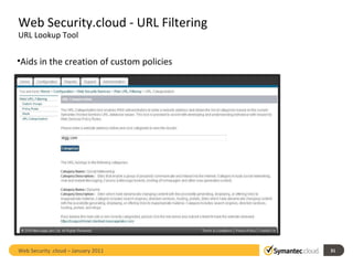 Web Security.cloud - URL Filtering URL Lookup Tool Aids in the creation of custom policies Web Security .cloud – January 2011  