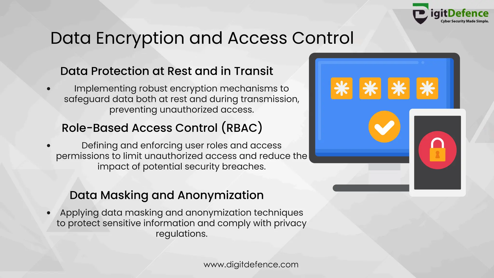 Data Encryption and Access Control
Data Protection at Rest and in Transit
Role-Based Access Control (RBAC)
Data Masking and Anonymization
Implementing robust encryption mechanisms to
safeguard data both at rest and during transmission,
preventing unauthorized access.
Defining and enforcing user roles and access
permissions to limit unauthorized access and reduce the
impact of potential security breaches.
Applying data masking and anonymization techniques
to protect sensitive information and comply with privacy
regulations.
www.digitdefence.com
 