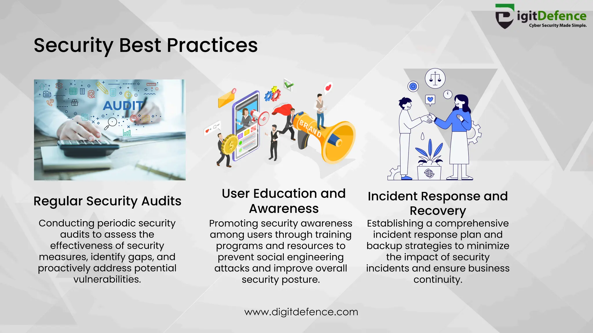 Security Best Practices
Regular Security Audits
User Education and
Awareness
Incident Response and
Recovery
Conducting periodic security
audits to assess the
effectiveness of security
measures, identify gaps, and
proactively address potential
vulnerabilities.
Promoting security awareness
among users through training
programs and resources to
prevent social engineering
attacks and improve overall
security posture.
Establishing a comprehensive
incident response plan and
backup strategies to minimize
the impact of security
incidents and ensure business
continuity.
www.digitdefence.com
 