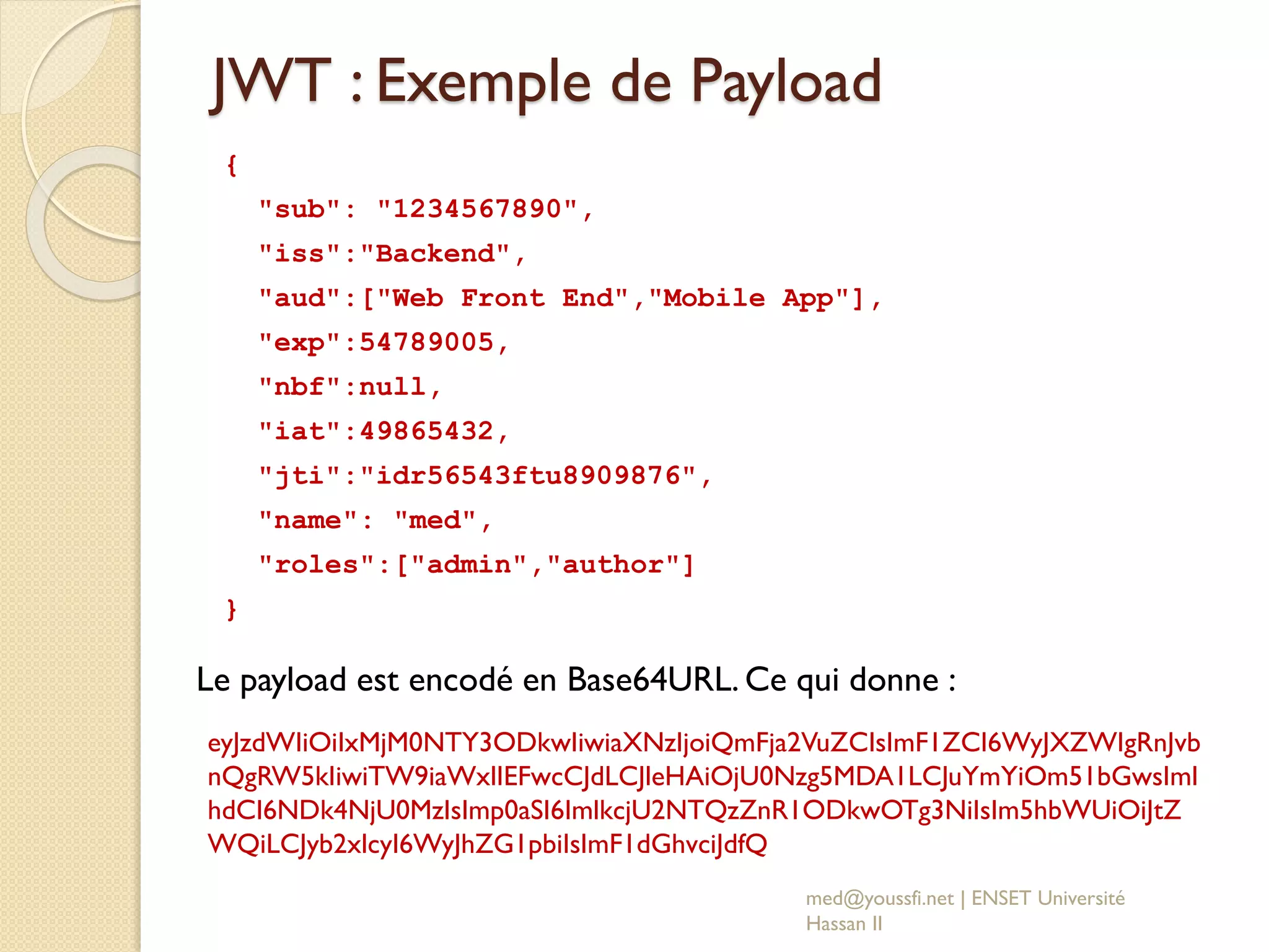 JWT : Exemple de Payload
{
"sub": "1234567890",
"iss":"Backend",
"aud":["Web Front End","Mobile App"],
"exp":54789005,
"nbf":null,
"iat":49865432,
"jti":"idr56543ftu8909876",
"name": "med",
"roles":["admin","author"]
}
med@youssfi.net | ENSET Université
Hassan II
eyJzdWIiOiIxMjM0NTY3ODkwIiwiaXNzIjoiQmFja2VuZCIsImF1ZCI6WyJXZWIgRnJvb
nQgRW5kIiwiTW9iaWxlIEFwcCJdLCJleHAiOjU0Nzg5MDA1LCJuYmYiOm51bGwsIml
hdCI6NDk4NjU0MzIsImp0aSI6ImlkcjU2NTQzZnR1ODkwOTg3NiIsIm5hbWUiOiJtZ
WQiLCJyb2xlcyI6WyJhZG1pbiIsImF1dGhvciJdfQ
Le payload est encodé en Base64URL. Ce qui donne :
 