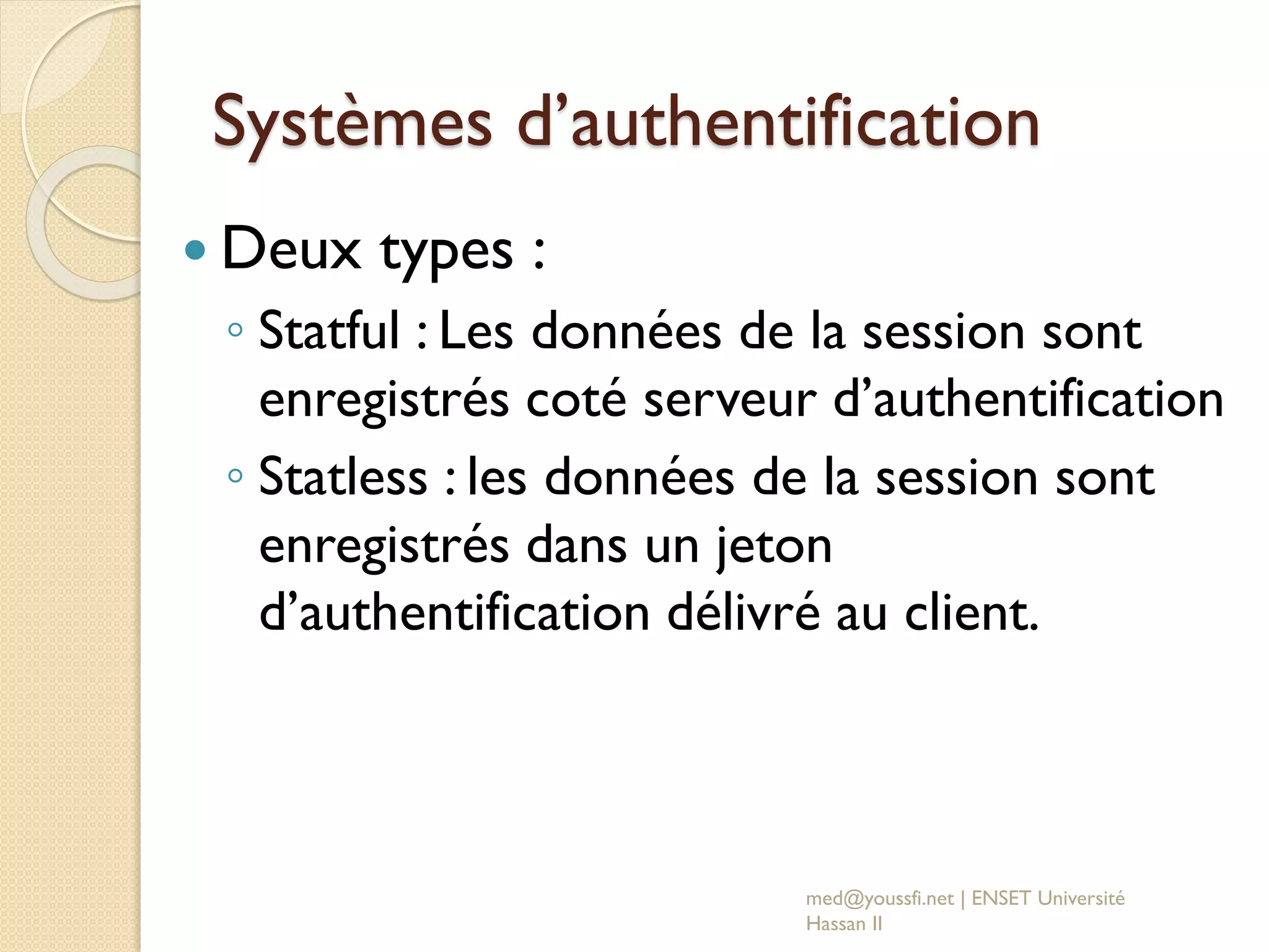 Systèmes d’authentification
 Deux types :
◦ Statful : Les données de la session sont
enregistrés coté serveur d’authentification
◦ Statless : les données de la session sont
enregistrés dans un jeton
d’authentification délivré au client.
med@youssfi.net | ENSET Université
Hassan II
 