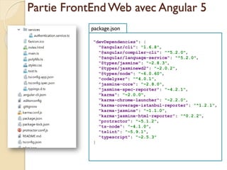 Partie FrontEndWeb avec Angular 5
"devDependencies": {
"@angular/cli": "1.6.8",
"@angular/compiler-cli": "^5.2.0",
"@angular/language-service": "^5.2.0",
"@types/jasmine": "~2.8.3",
"@types/jasminewd2": "~2.0.2",
"@types/node": "~6.0.60",
"codelyzer": "^4.0.1",
"jasmine-core": "~2.8.0",
"jasmine-spec-reporter": "~4.2.1",
"karma": "~2.0.0",
"karma-chrome-launcher": "~2.2.0",
"karma-coverage-istanbul-reporter": "^1.2.1",
"karma-jasmine": "~1.1.0",
"karma-jasmine-html-reporter": "^0.2.2",
"protractor": "~5.1.2",
"ts-node": "~4.1.0",
"tslint": "~5.9.1",
"typescript": "~2.5.3"
}
package.json
 