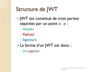 Structure de JWT
 JWT est constitué de trois parties
séparées par un point « . » :
◦ Header
◦ Payload
◦ Signature
 La forme d’un JWT est donc :
◦ xxx.yyy.zzz
med@youssfi.net | ENSET Université
Hassan II
 