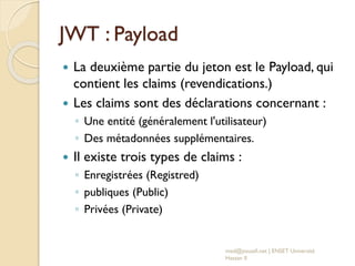 JWT : Payload
 La deuxième partie du jeton est le Payload, qui
contient les claims (revendications.)
 Les claims sont des déclarations concernant :
◦ Une entité (généralement l'utilisateur)
◦ Des métadonnées supplémentaires.
 Il existe trois types de claims :
◦ Enregistrées (Registred)
◦ publiques (Public)
◦ Privées (Private)
med@youssfi.net | ENSET Université
Hassan II
 