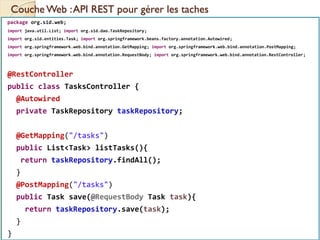 Couche Web :API REST pour gérer les taches
med@youssfi.net | ENSET Université
Hassan II
package org.sid.web;
import java.util.List; import org.sid.dao.TaskRepository;
import org.sid.entities.Task; import org.springframework.beans.factory.annotation.Autowired;
import org.springframework.web.bind.annotation.GetMapping; import org.springframework.web.bind.annotation.PostMapping;
import org.springframework.web.bind.annotation.RequestBody; import org.springframework.web.bind.annotation.RestController;
@RestController
public class TasksController {
@Autowired
private TaskRepository taskRepository;
@GetMapping("/tasks")
public List<Task> listTasks(){
return taskRepository.findAll();
}
@PostMapping("/tasks")
public Task save(@RequestBody Task task){
return taskRepository.save(task);
}
}
 