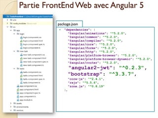 Partie FrontEndWeb avec Angular 5
 "dependencies": {
"@angular/animations": "^5.2.0",
"@angular/common": "^5.2.0",
"@angular/compiler": "^5.2.0",
"@angular/core": "^5.2.0",
"@angular/forms": "^5.2.0",
"@angular/http": "^5.2.0",
"@angular/platform-browser": "^5.2.0",
"@angular/platform-browser-dynamic": "^5.2.0",
"@angular/router": "^5.2.0",
"angular2-jwt": "^0.2.3",
"bootstrap": "^3.3.7",
"core-js": "^2.4.1",
"rxjs": "^5.5.6",
"zone.js": "^0.8.19"
},
package.json
 
