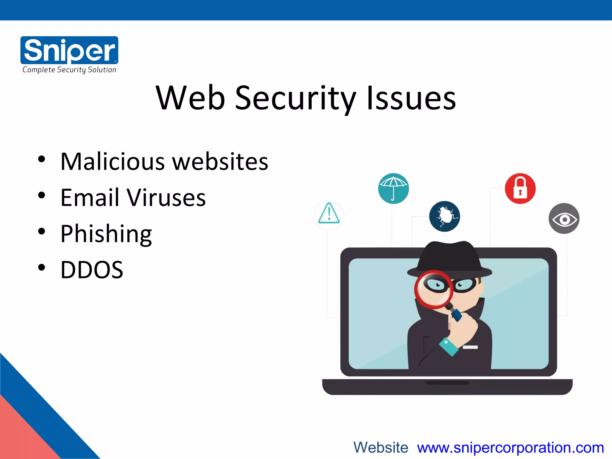 Web Security Issues
• Malicious websites
• Email Viruses
• Phishing
• DDOS
Website: www.snipercorporation.com
 