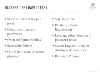 HACKERS: THEY HAVE IT EASY
➤ Insecure Servers & open
ports
➤ Default settings and
passwords
➤ Open conﬁguration ﬁles
➤ Browsable folders
➤ Out of date CMS (insecure
plugins)
➤ SQL Injection
➤ Phishing / Social
Engineering
➤ Leverage other breaches /
password reuse
➤ Search Engines / Exploit
databases & resources
➤ Botnets / Proxies
 