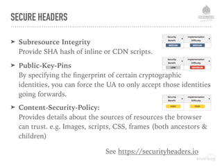 SECURE HEADERS
➤ Subresource Integrity 
Provide SHA hash of inline or CDN scripts.
➤ Public-Key-Pins 
By specifying the ﬁngerprint of certain cryptographic
identities, you can force the UA to only accept those identities
going forwards.
➤ Content-Security-Policy: 
Provides details about the sources of resources the browser
can trust. e.g. Images, scripts, CSS, frames (both ancestors &
children)
See https://securityheaders.io
 