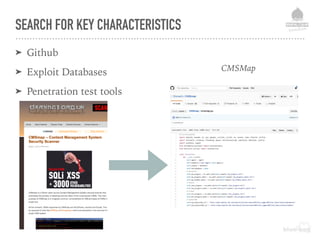 SEARCH FOR KEY CHARACTERISTICS
➤ Github
➤ Exploit Databases
➤ Penetration test tools
CMSMap
 