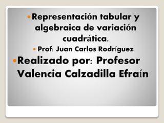 Representación tabular y 
algebraica de variación 
cuadrática. 
 Prof: Juan Carlos Rodríguez 
Realizado por: Profesor 
Valencia Calzadilla Efraín 
 