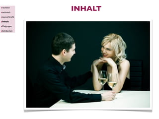 ‣rechtlich
‣technisch
                                          INHALT
‣Layout/Graﬁk
‣Inhalt
‣Zielgruppe     MACHEN!                             NICHT MACHEN!
‣Sichtbarkeit
                ‣ professioneller Text              ‣ „Hey Leute“, „Meine seite“ u.s.w.
                ‣ gute Bilder                       ‣ schlechte Bilder
                ‣ gute Videos                       ‣ schlechte Videos
                ‣ Mehrwert / Fakten                 ‣ Langweilige oder „billige“ Inhalte
                ‣ Rückkanal                         ‣ Heimlichtuereien
                                                    ‣ Geiz
                Ihre Besucher möchten genau das
                wissen, was sie interessiert. Und
                                                    Ihre Besucher haben keine Geduld,
                nicht, was SIE ihnen vorsetzen
                                                    wenig Aufmerksamkeit und sind
                möchten.
                                                    höchst Illoyal.
 