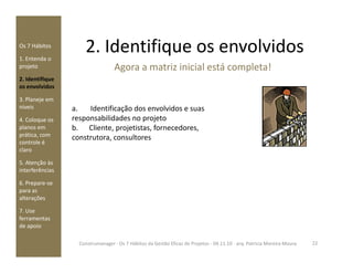 2. Identifique os envolvidosOs 7 Hábitos
1. Entenda o
projeto
2. Identifique
os envolvidos
3. Planeje em
níveis
4. Coloque os
planos em
prática, com
a. Identificação dos envolvidos e suas
responsabilidades no projeto
b. Cliente, projetistas, fornecedores,
construtora, consultores
Agora a matriz inicial está completa!
prática, com
controle é
claro
5. Atenção às
interferências
6. Prepare-se
para as
alterações
7. Use
ferramentas
de apoio
construtora, consultores
22Construmanager - Os 7 Hábitos da Gestão Eficaz de Projetos - 04.11.10 - arq. Patricia Moreira Moura
 