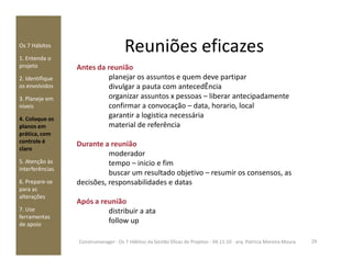 Reuniões eficazesOs 7 Hábitos
1. Entenda o
projeto
2. Identifique
os envolvidos
3. Planeje em
níveis
4. Coloque os
planos em
prática, com
Antes da reunião
planejar os assuntos e quem deve partipar
divulgar a pauta com antecedÊncia
organizar assuntos x pessoas – liberar antecipadamente
confirmar a convocação – data, horario, local
garantir a logistica necessária
material de referência
prática, com
controle é
claro
5. Atenção às
interferências
6. Prepare-se
para as
alterações
7. Use
ferramentas
de apoio
Durante a reunião
moderador
tempo – inicio e fim
buscar um resultado objetivo – resumir os consensos, as
decisões, responsabilidades e datas
Após a reunião
distribuir a ata
follow up
29Construmanager - Os 7 Hábitos da Gestão Eficaz de Projetos - 04.11.10 - arq. Patricia Moreira Moura
 