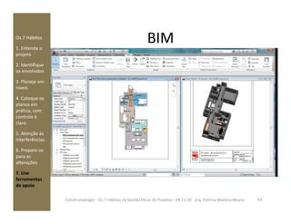 BIMOs 7 Hábitos
1. Entenda o
projeto
2. Identifique
os envolvidos
3. Planeje em
níveis
4. Coloque os
planos em
prática, comprática, com
controle é
claro
5. Atenção às
interferências
6. Prepare-se
para as
alterações
7. Use
ferramentas
de apoio
43Construmanager - Os 7 Hábitos da Gestão Eficaz de Projetos - 04.11.10 - arq. Patricia Moreira Moura
 