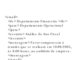 <email> <de> Departamento Financeiro </de> <para> Departamento Operacional </para> <assunto> Análise do Ano Fiscal </assunto> <mensagem> Favor comparecem à reunião que se realizará em 10/08/2005, às 8:00 horas, no auditório da empresa. </mensagem>  </email> 