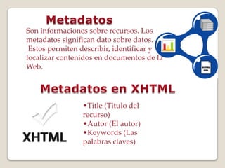 Son informaciones sobre recursos. Los
metadatos significan dato sobre datos.
Estos permiten describir, identificar y
localizar contenidos en documentos de la
Web.
•Title (Titulo del
recurso)
•Autor (El autor)
•Keywords (Las
palabras claves)
 