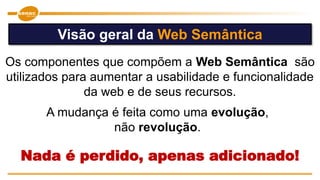 Visão geral da Web Semântica
Os componentes que compõem a Web Semântica são
utilizados para aumentar a usabilidade e funcionalidade
da web e de seus recursos.
A mudança é feita como uma evolução,
não revolução.
Nada é perdido, apenas adicionado!
 