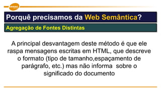 A principal desvantagem deste método é que ele
raspa mensagens escritas em HTML, que descreve
o formato (tipo de tamanho,espaçamento de
parágrafo, etc.) mas não informa sobre o
significado do documento
Agregação de Fontes Distintas
Porquê precisamos da Web Semântica?
 