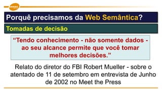“Tendo conhecimento - não somente dados -
ao seu alcance permite que você tomar
melhores decisões.”
Relato do diretor do FBI Robert Mueller - sobre o
atentado de 11 de setembro em entrevista de Junho
de 2002 no Meet the Press
Tomadas de decisão
Porquê precisamos da Web Semântica?
 