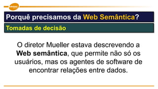 O diretor Mueller estava descrevendo a
Web semântica, que permite não só os
usuários, mas os agentes de software de
encontrar relações entre dados.
Tomadas de decisão
Porquê precisamos da Web Semântica?
 