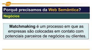 Matchmaking é um processo em que as
empresas são colocadas em contato com
potenciais parceiros de negócios ou clientes.
Negócios
Porquê precisamos da Web Semântica?
 