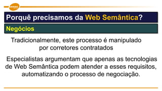 Negócios
Porquê precisamos da Web Semântica?
Tradicionalmente, este processo é manipulado
por corretores contratados
Especialistas argumentam que apenas as tecnologias
de Web Semântica podem atender a esses requisitos,
automatizando o processo de negociação.
 