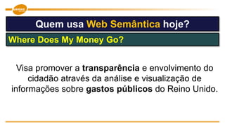 Visa promover a transparência e envolvimento do
cidadão através da análise e visualização de
informações sobre gastos públicos do Reino Unido.
Quem usa Web Semântica hoje?
Where Does My Money Go?
 