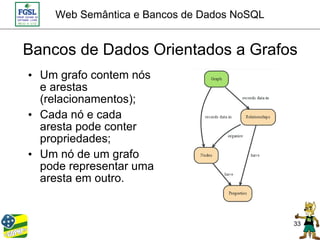 Web Semântica e Bancos de Dados NoSQL


Bancos de Dados Orientados a Grafos
• Um grafo contem nós
  e arestas
  (relacionamentos);
• Cada nó e cada
  aresta pode conter
  propriedades;
• Um nó de um grafo
  pode representar uma
  aresta em outro.


                                            33
 