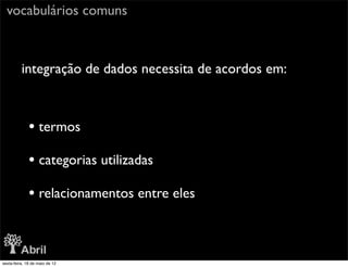 vocabulários comuns



          integração de dados necessita de acordos em:



              • termos
              • categorias utilizadas
              • relacionamentos entre eles


sexta-feira, 18 de maio de 12
 