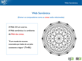 Web Semântica




                                  Web Semântica
            (Ensinar os computadores como as coisas estão relacionadas)




A Web 2.0 um acervo.
A Web semântica é o ambiente
da Web das coisas.


“É um mundo de recursos
conectados por dados de um jeito

consistente e lógico”   (TimBL)
 