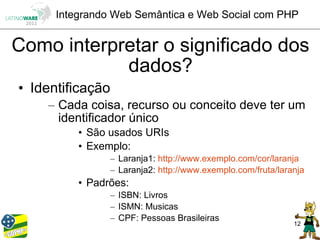 Integrando Web Semântica e Web Social com PHP


Como interpretar o significado dos
            dados?
• Identificação
    – Cada coisa, recurso ou conceito deve ter um
      identificador único
          • São usados URIs
          • Exemplo:
                  – Laranja1: http://www.exemplo.com/cor/laranja
                  – Laranja2: http://www.exemplo.com/fruta/laranja
          • Padrões:
                  – ISBN: Livros
                  – ISMN: Musicas
                  – CPF: Pessoas Brasileiras
                                                               12
 