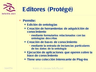 Editores (Protégé) Permite: Edición de ontologías  Creación de herramientas de adquisición de conocimiento mediante formularios relacionados con las ontologías descritas Creación de bases de conocimiento  mediante la entrada de instancias particulares de los datos de la ontología Ejecución de aplicaciones que operen sobre la base de conocimiento Tiene una colección interesante de Plug-ins  