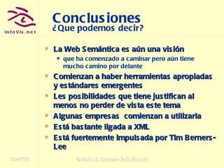 Conclusiones ¿Que podemos decir? La Web Semántica es aún una visión   que ha comenzado a caminar pero aún tiene mucho camino por delante Comienzan a haber herramientas apropiadas y estándares emergentes Les posibilidades que tiene justifican al menos no perder de vista este tema Algunas empresas  comienzan a utilizarla Está bastante ligada a XML Está fuertemente impulsada por Tim Berners-Lee 