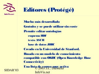 SIDAR’03
© 2003 J.C. Dürsteler
InfoVis.net
InfoVis.net
Editores (Protégé)
Mucho más desarrollado
Gratuito y se puede utilizarsin coste
Permite editarontologías
esquema RDF
texto ASCII
base de datos JDBC
Creado en la Universidad de Stanford.
Basado en un modelo de conocimiento
compatible con OKBC (Open Knowledge Base
Connectivity)
Una lista de correo muy activa
 