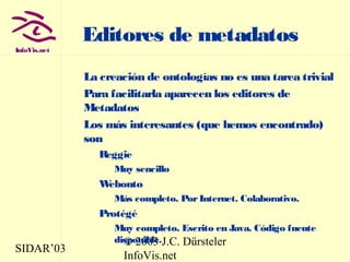 SIDAR’03
© 2003 J.C. Dürsteler
InfoVis.net
InfoVis.net
Editores de metadatos
La creación de ontologías no es una tarea trivial
Para facilitarla aparecen los editores de
Metadatos
Los más interesantes (que hemos encontrado)
son
Reggie
Muy sencillo
Webonto
Más completo. PorInternet. Colaborativo.
Protégé
Muy completo. Escrito en Java. Código fuente
disponible.
 