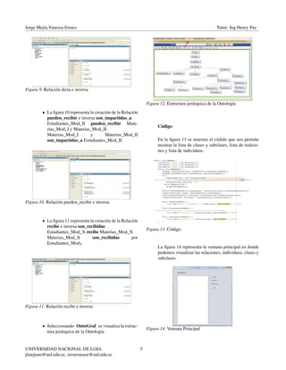 Jorge Mejía,Vanessa Erraez Tutor: Ing Henry Paz
Figura 9. Relación dicta e inversa
• La ﬁgura 10 representa la creación de la Relación
pueden_recibir e inversa son_impartidas_a.
Estudiantes_Mod_II pueden_recibir Mate-
rias_Mod_I y Materias_Mod_II.
Materias_Mod_I y Materias_Mod_II
son_impartidas_a Estudiantes_Mod_II.
Figura 10. Relación pueden_recibir e inversa
• La ﬁgura 11 representa la creación de la Relación
recibe e inversa son_recibidas .
Estudiantes_Mod_X recibe Materias_Mod_X
Materias_Mod_X son_recibidas por
Estudiantes_ModX
Figura 11. Relación recibe e inversa
• Seleccionando OntoGraf se visualiza la estruc-
tura jerárquica de la Ontología .
Figura 12. Estructura jerárquica de la Ontología
Código
En la ﬁgura 13 se muestra el códido que nos permite
mostrar la lista de clases y subclases, lista de realcio-
nes y lista de individuos.
Figura 13. Código
La ﬁgura 14 representa la ventana principal en donde
podemos visualizar las relaciones, individuos, clases y
subclases.
Figura 14. Ventana Principal
UNIVERSIDAD NACIONAL DE LOJA
jlmejiam@unl.edu.ec, mverraeaze@unl.edu.ec
5
 