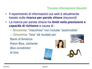 Trovare informazioni rilevanti
• Il reperimento di informazioni sul web è attualmente
basato sulla ricerca per parole chiave (keyword)
• La ricerca per parola chiave ha limiti nella precisione e
capacità di richiamo a causa di :
– Sinonimia: “macchina” non include “automobile”
– Omonimia: “boa” dà risultati per
Bank of America
Kwon Boa, cantante
Boa constrictor
la boa
22/01/2015Carlo Bidoia
 