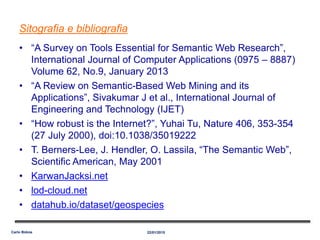 Sitografia e bibliografia
• “A Survey on Tools Essential for Semantic Web Research”,
International Journal of Computer Applications (0975 – 8887)
Volume 62, No.9, January 2013
• “A Review on Semantic-Based Web Mining and its
Applications”, Sivakumar J et al., International Journal of
Engineering and Technology (IJET)
• “How robust is the Internet?”, Yuhai Tu, Nature 406, 353-354
(27 July 2000), doi:10.1038/35019222
• T. Berners-Lee, J. Hendler, O. Lassila, “The Semantic Web”,
Scientific American, May 2001
• KarwanJacksi.net
• lod-cloud.net
• datahub.io/dataset/geospecies
22/01/2015Carlo Bidoia
 