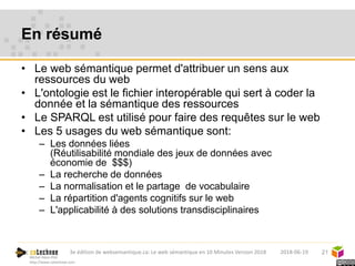 Michel Héon PhD
http://www.cotechnoe.com
En résumé
• Le web sémantique permet d'attribuer un sens aux
ressources du web
• ...