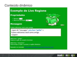 <span id="messages" aria-live="polite" >
Fulano adicionou você como amigo
</span>
Conteúdo dinâmico
 