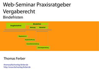 Web-Seminar Praxisratgeber
Vergaberecht
Bindefristen

Thomas Ferber
thomas@fachverlag-ferber.de
http://www.fachverlag-ferber.de

 