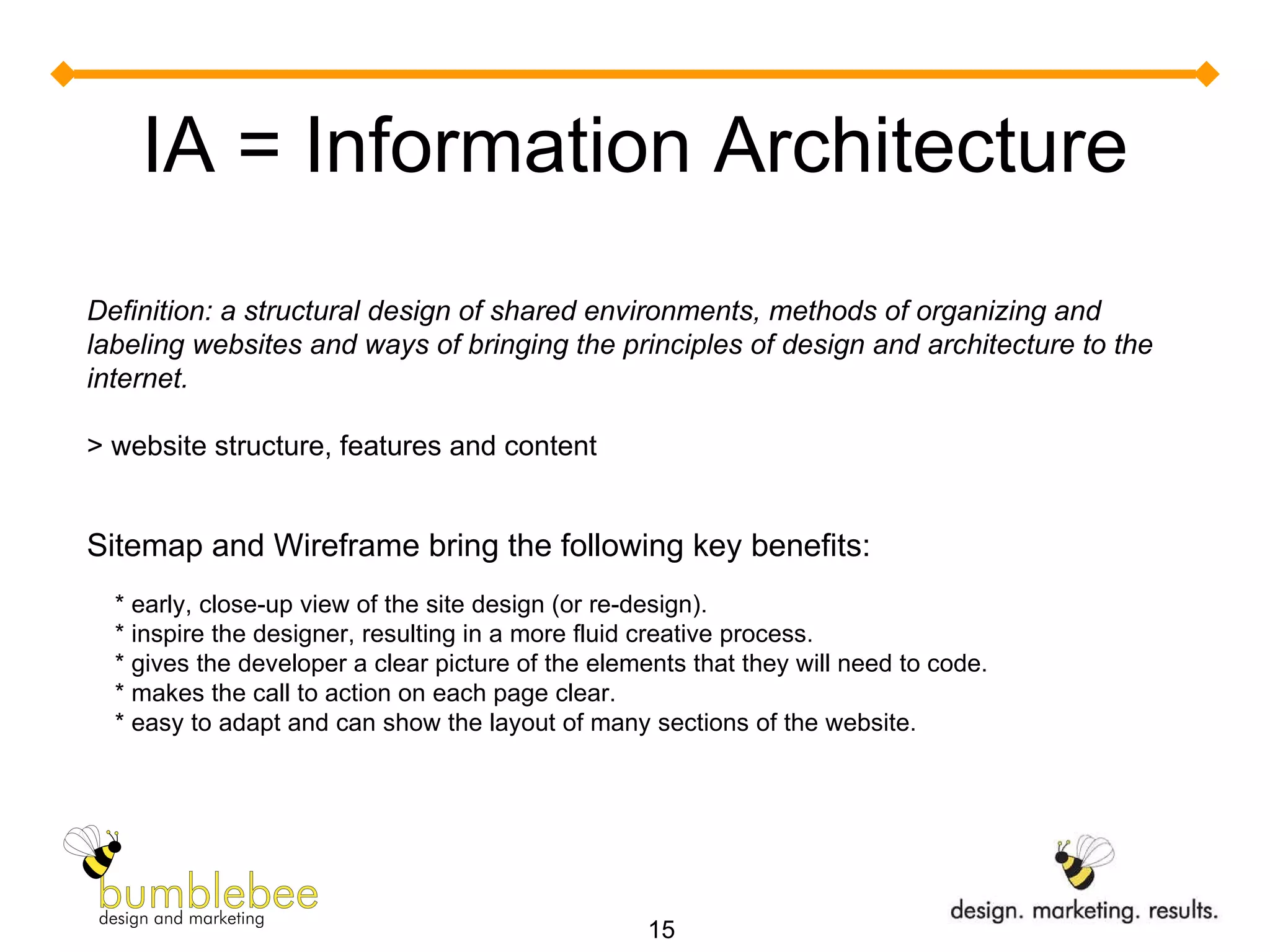 IA = Information Architecture Definition: a structural design of shared environments, methods of organizing and labeling websites and ways of bringing the principles of design and architecture to the internet. > website structure, features and content Sitemap and Wireframe bring the following key benefits: * early, close-up view of the site design (or re-design). * inspire the designer, resulting in a more fluid creative process. * gives the developer a clear picture of the elements that they will need to code. * makes the call to action on each page clear. * easy to adapt and can show the layout of many sections of the website. 