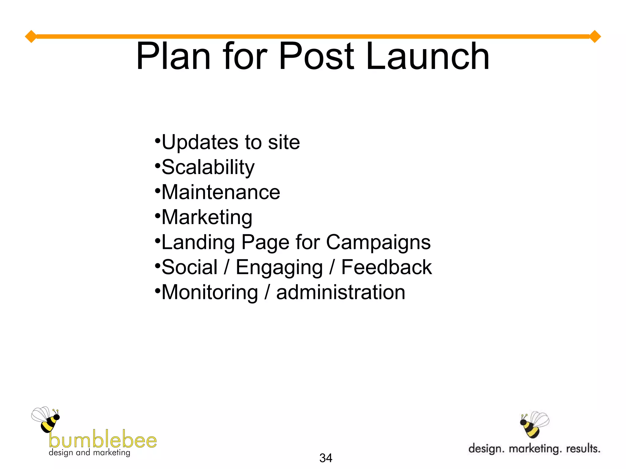 Plan for Post Launch Updates to site Scalability Maintenance Marketing Landing Page for Campaigns Social / Engaging / Feedback Monitoring / administration 