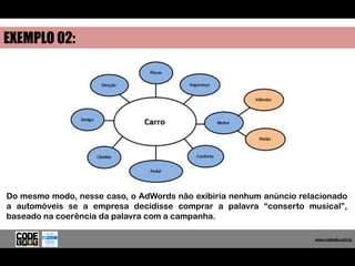 EXEMPLO 02:




Do mesmo modo, nesse caso, o AdWords não exibiria nenhum anúncio relacionado
a automóveis se a empresa decidisse comprar a palavra “conserto musical”,
baseado na coerência da palavra com a campanha.

                                                                      www.codelabs.com.br


                                                                   www.codelabs.com.br
 
